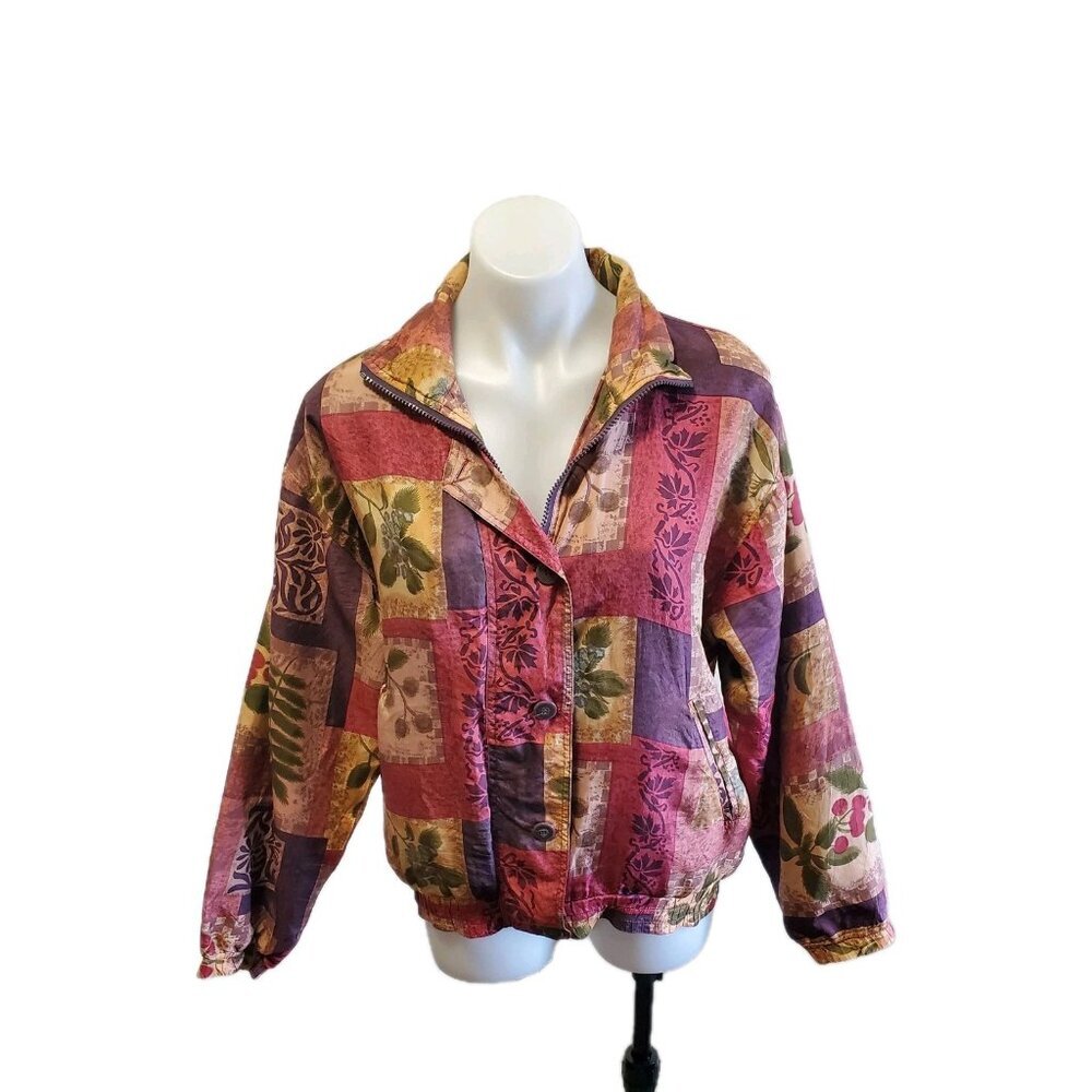 Vintage Stunt Sports 100% Silk Patchwork Jacket Small Boho 90 Bomber Flora Fruit